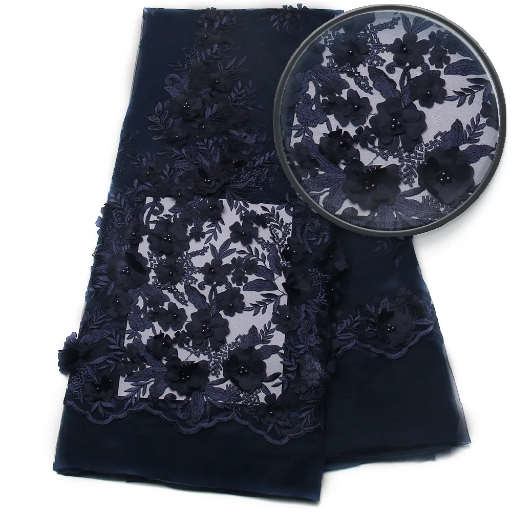 Сетка французский Кружево Ткань s высокое качество 2017 3D цветы Королевский синий