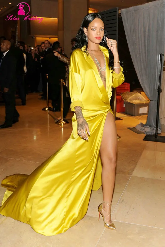 Custom Made Окунитесь V Шеи Высокая Щелевая Длинные Рукава Rihanna Известный Платья