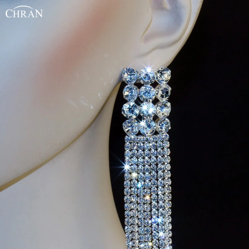 Chran Посеребренная Кристалл Rhinestone люстра серьги длинные Ленточки Серьги Jewelry
