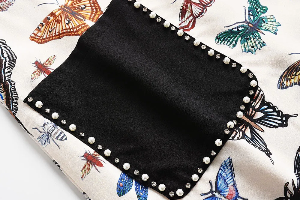 2018 Summer Black/ White Runway Dress Print Beads Bow Short Sleeves Turn down Collar Women's dress Vestidos De Festa 4223 | Женская