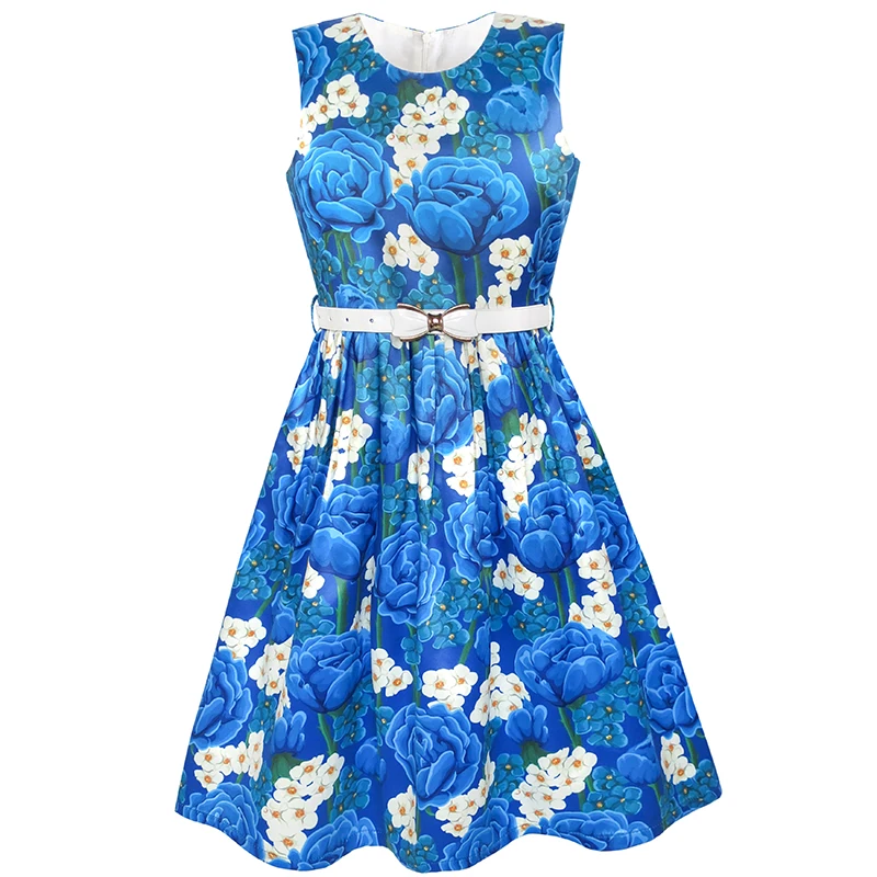 Girls Dress Navy Blue Flower Belt Vintage Party Sundress 2020 Summer Princess Wedding Dresses Clothes Size 6-14 Carnival | Детская
