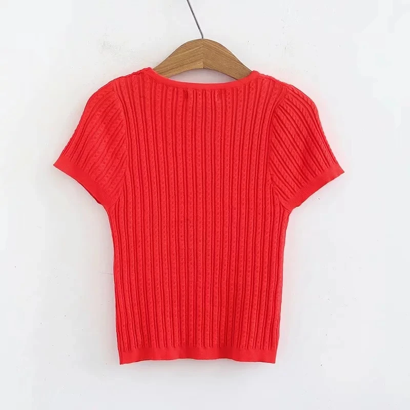 Women O Neck Twisted Knit Cardigan Short Sleeve |