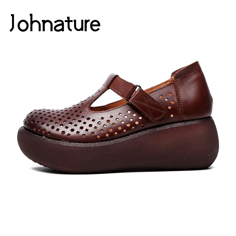

Женские туфли из натуральной кожи Johnature, туфли-лодочки на высокой танкетке с круглым носком, на липучке, повседневная обувь в стиле ретро для...