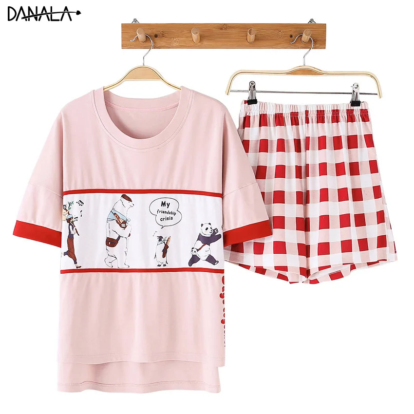 Женский пижамный комплект с коротким рукавом DANALA Повседневный хлопковый принтом