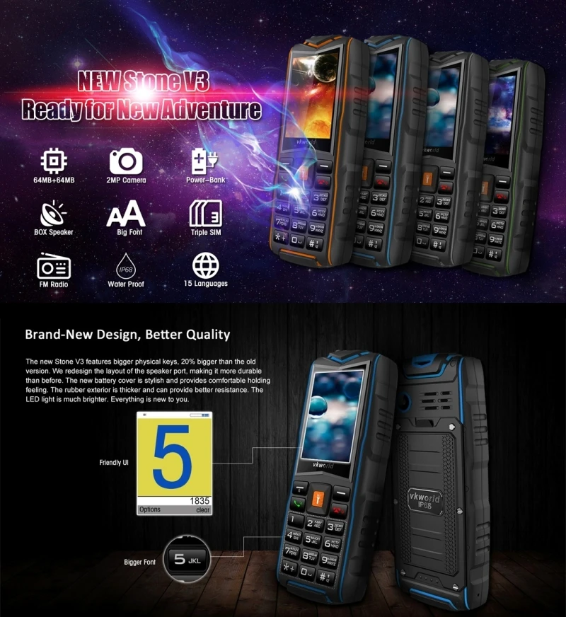 VKworld камень V3 тройной SIM тройной режим ожидания мобильный телефон русская клавиатура SC6531CA чипсет 21 ключ 2,4 дюймов 3000 мАч смартфон