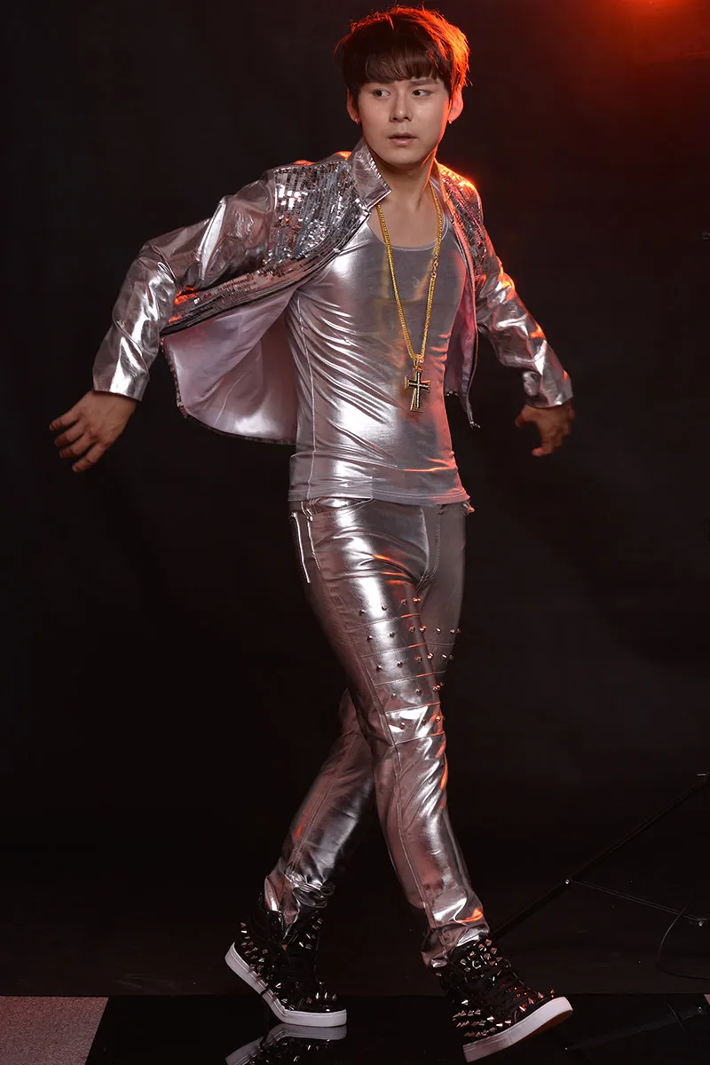 Мужские кожаные куртки с серебряными блестками для ночных клубов Кожаные