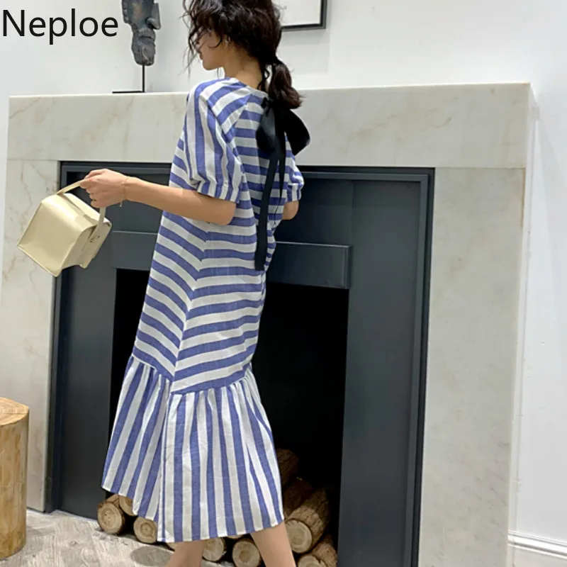 Neploe Полосатое женское платье лето 2019 Ретро стиль круглый вырез короткий рукав с