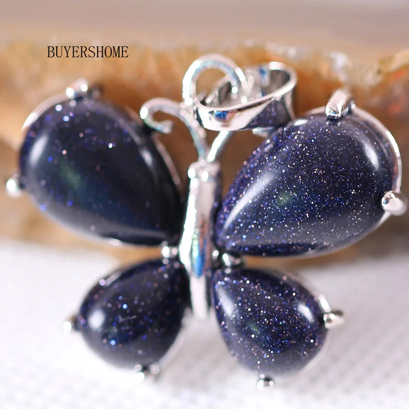 Blue Sandstone Серебряный цвет Женская подвеска ожерелья в виде бабочки натуральный камень зеленый авантюрин Малахит Кристалл Lapis опал Howlite 1 шт - Окраска металла: Blue Sandstone