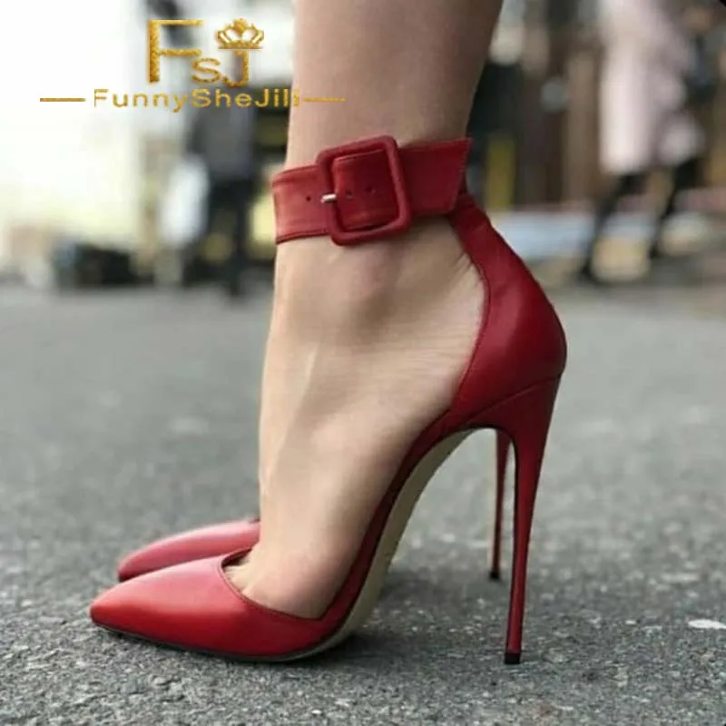 

Red Pointy Toe Ankle Strap Heels Stilettos Sexy High Heel Shoes Spring Autumn Incomparable Generous Fashion FSJ Elegant Sexy