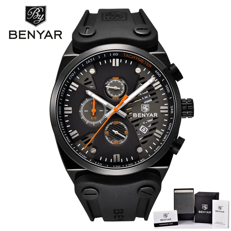 BY511002 with box Мужские часы benyar мужские часы лучший бренд класса люкс Хронограф Спортивные мужские часы военные из натуральной кожи новые кварцевые наручные часы - Цвет: BY511002 with box