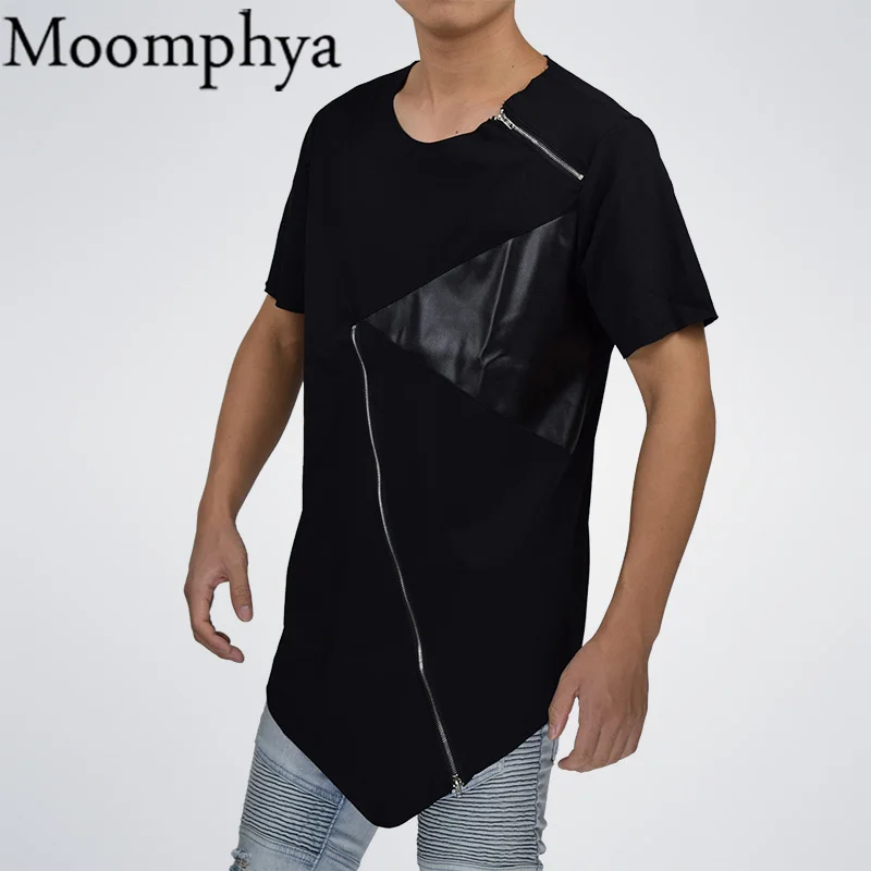 Moomphya, мужская кожаная Лоскутная футболка на молнии, необычная кожаная футболка на молнии с круглым вырезом и острым подолом, косая футболка на молнии, Мужская футболка
