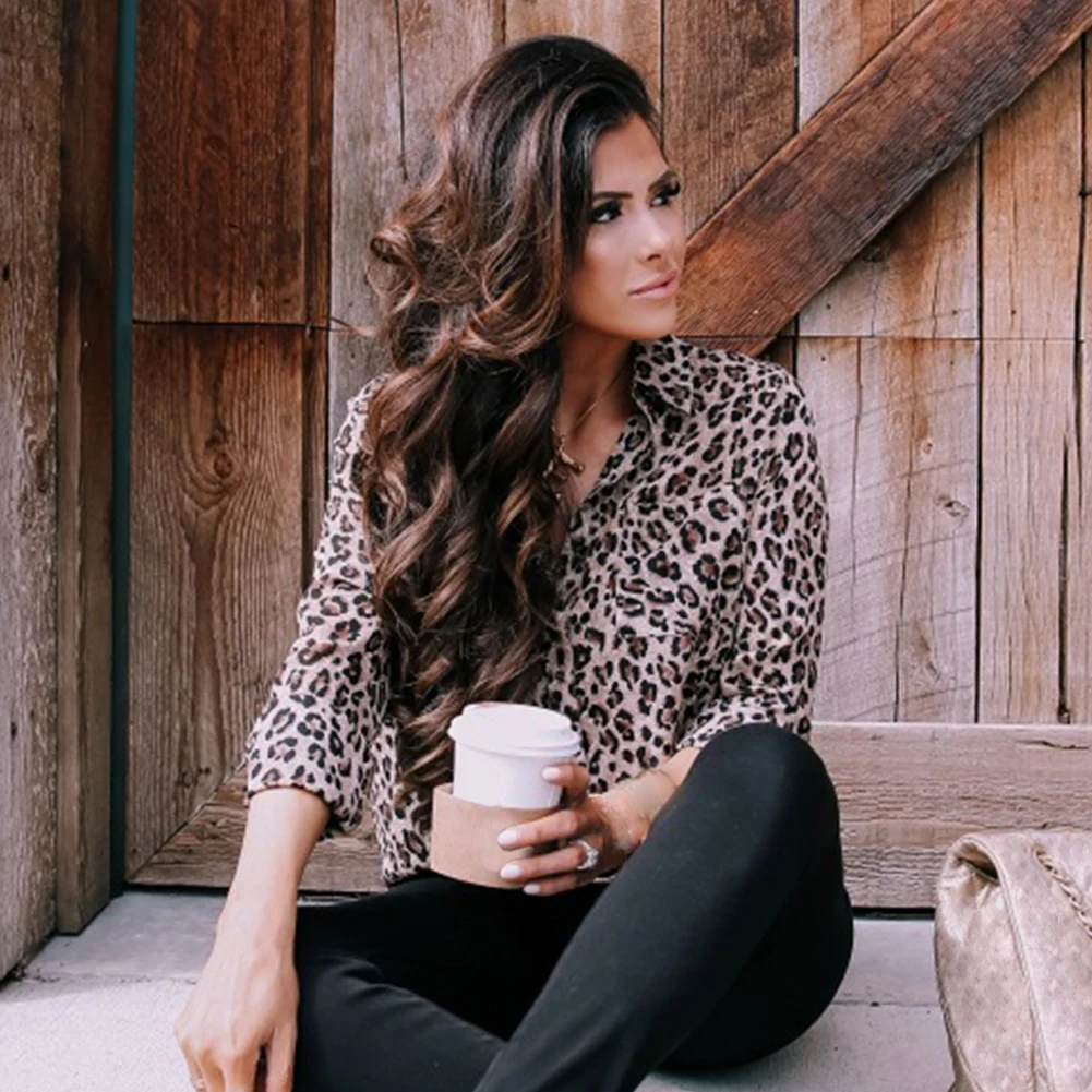 Женский леопардовый принт Свободная блуза рубашка с v образным вырезом