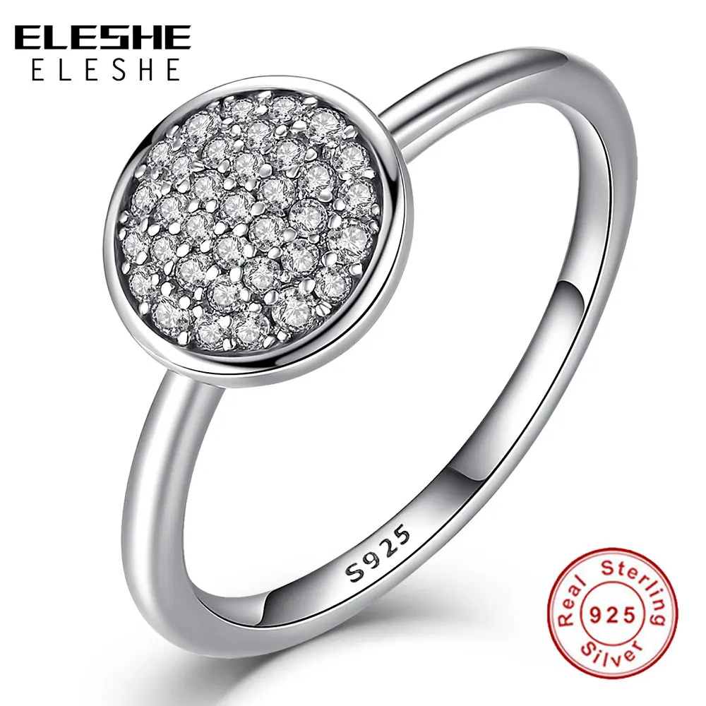 ELESHE,, настоящее 925 пробы, серебряные кольца с подписью, прозрачный Круглый фианит круглые кольца на пальцы для женщин, свадебные украшения для помолвки