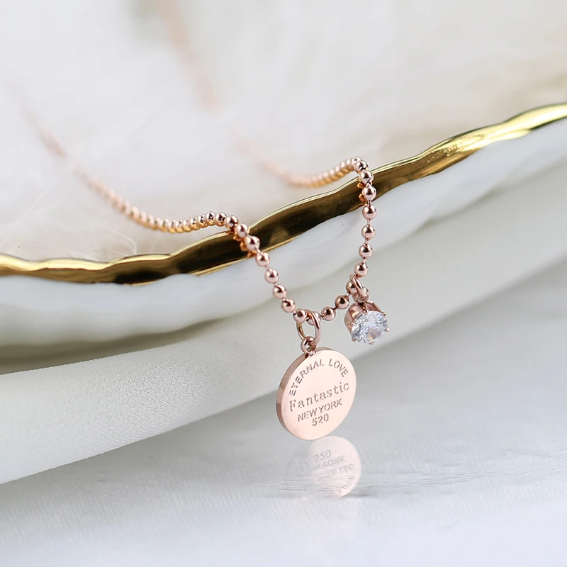 

YUN RUO Rose Gold Fashion Zircon Letters Carved Pendant Necklace Titanium Steel Jewelry Woman Birthday Gift Never Fade Wholesale