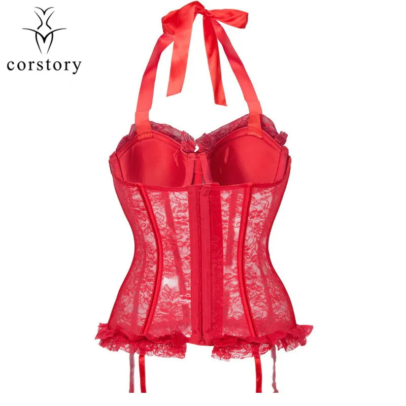 

Corstory Red Lace Halter Overbust Corsets And Bustier Slimming Bridal lingerie Sexy Lace up Ribbon Lingerie Corset Tops