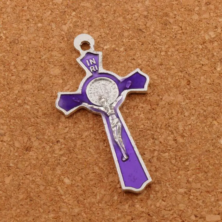 purple 12 Цвета распятие эмаль святой Бенедикт Медаль Крест Шарм Бусины 64 шт. 51X27 мм Двусторонняя Подвески ювелирные изделия DIY l423 - Цвет: purple