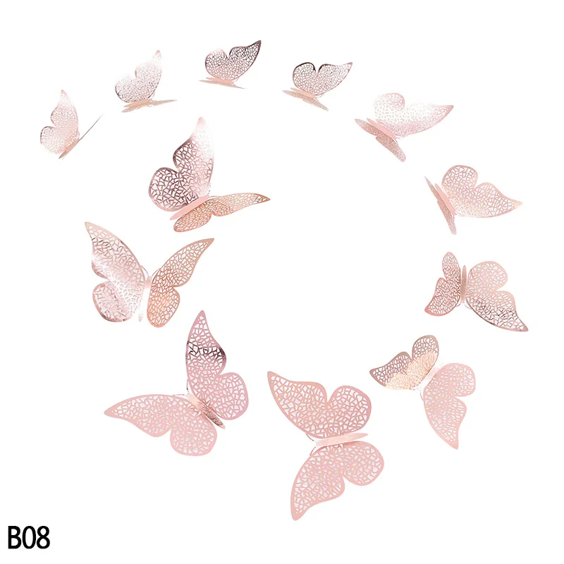 b08 12 шт. розовые золотые, серебряные, полые 3D наклейки на стену с бабочкой для DIY, вечерние, детские, свадебные, для украшения комнаты, для дома, настенные наклейки - Цвет: b08
