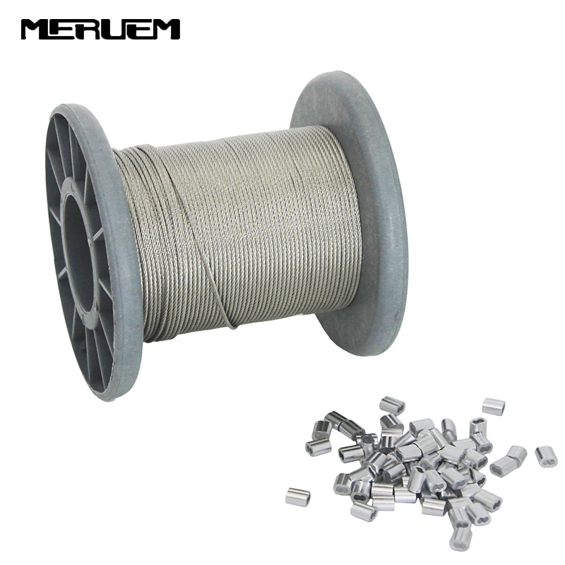 

50M/100M 304 Stainless Steel Wire Rope Climbing harness Steel Cable 1.2mm,1.5mm Diameter+50/100 PCS Sleeves Aluminium