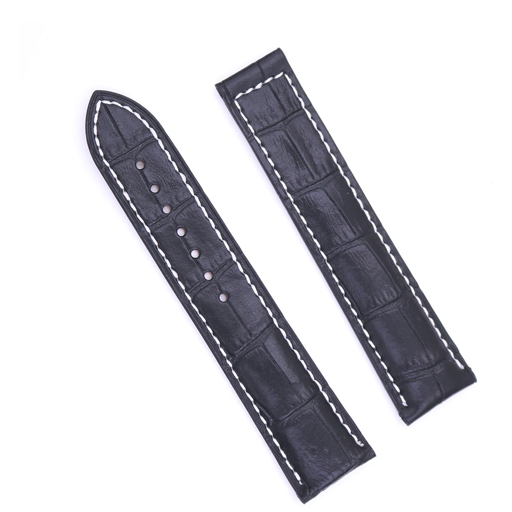 Rolamy 20 22mm Wholesale Black With white Stitches High Quality Genuine Leather Replacement Watch Band Strap Belt For Omega