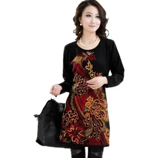 2016 Fashion Woman Sweater Long sweate dress vintage big size animal print phoenix plus women clothing pullover red green | Женская
