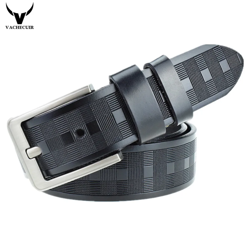 

VACHECUIR New Men's Genuine Leather Belt Men Cowskin Belt Mens Belt Pin Buckle Lattice Embossing Starp Belts for Men Jeans L2418