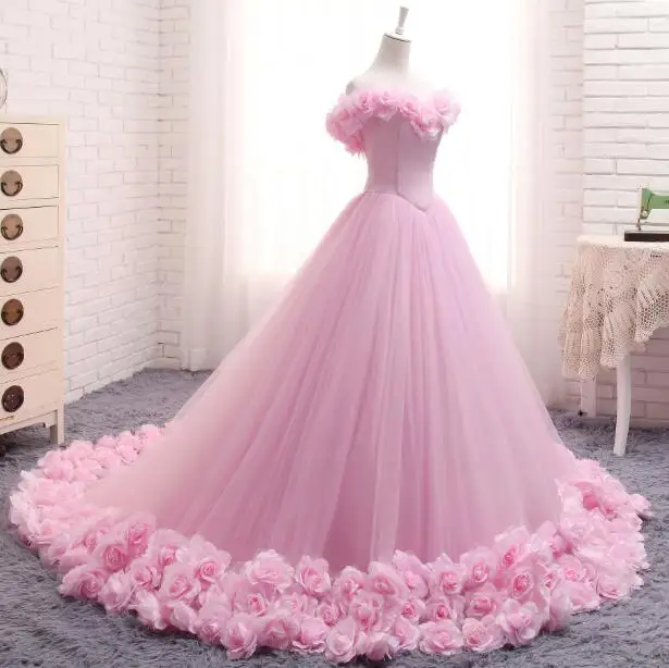 Розовое платье принцессы Quinceanera с открытыми плечами цветочным принтом длинное