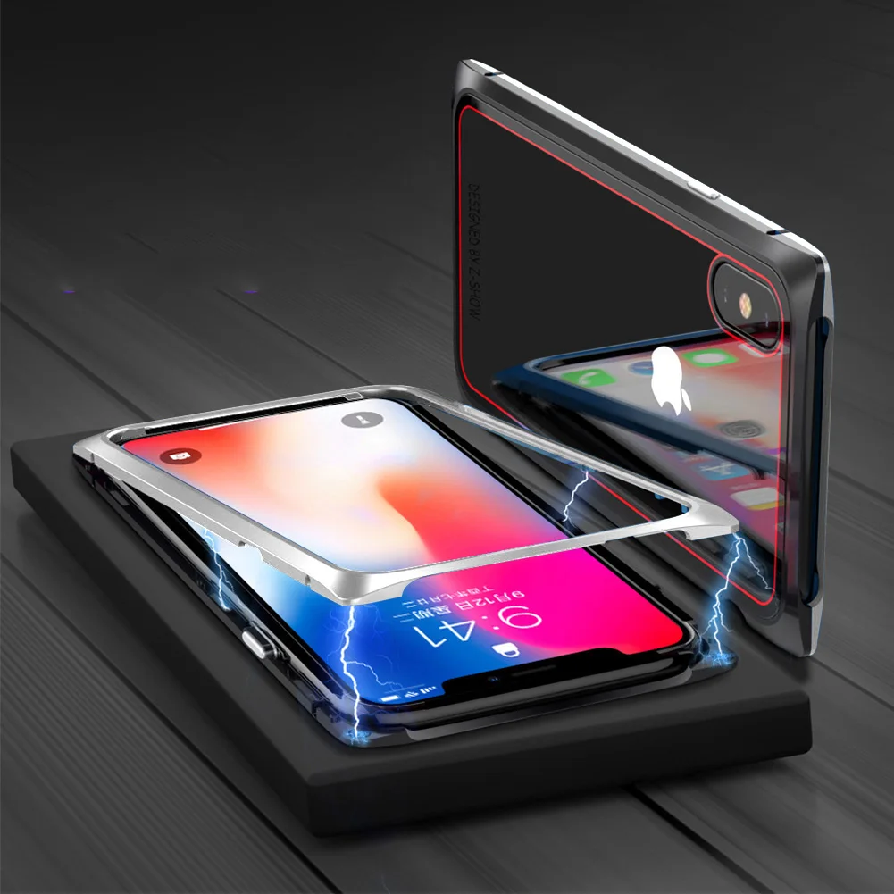 Magnetic Adsorption Phone Case for iPhone X 7 8 Plus Square Transparent Clear Tempered Glass Magnet Back Metal Frame Funda |