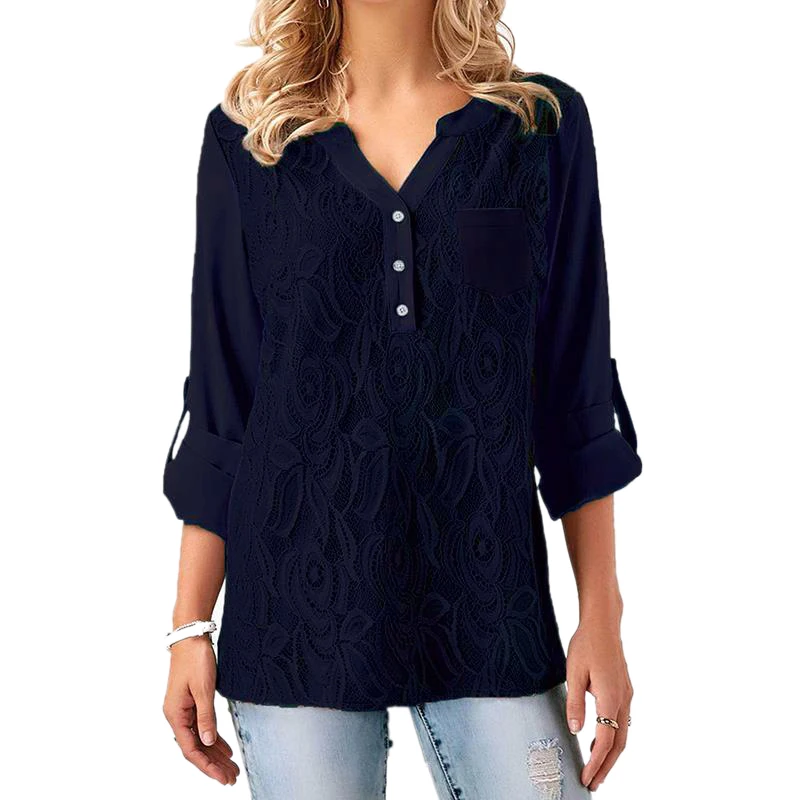 

5XL Plus Size Chiffon Shirts for Womens Tops and Blouses Elegant Lady Loose Casual Lace Sexy V Neck Blouse Navy Black Red Blusas