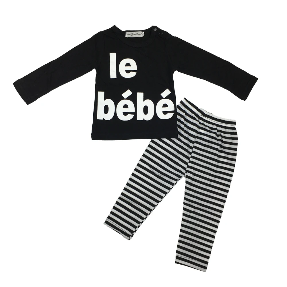 Baby boy одежда черный длинный рукав буквы футболка + полосой брюки дети 2 шт. костюм