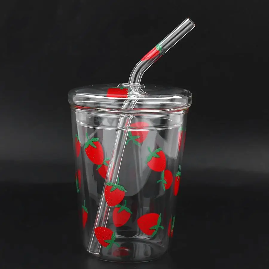 300ml Heat-Resisting Clear Lovely Strawberry Pattern Coffee Juice Drinking Water Glass Cup with Straw Lid