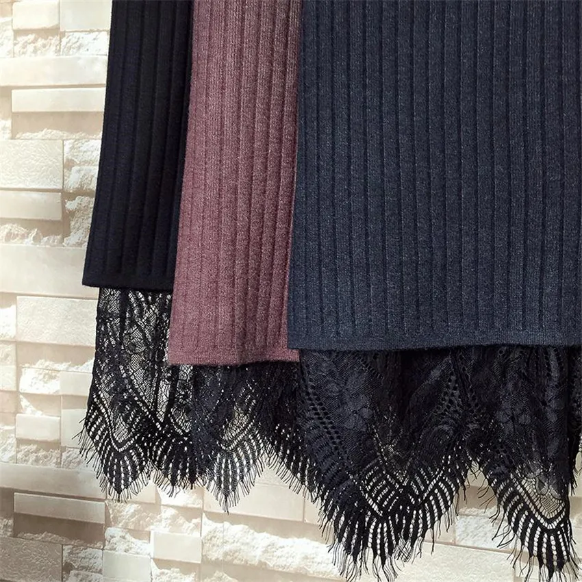 Кружевная трикотажная юбка WZ708 теплая Женская с высокой талией и поясом по бокам