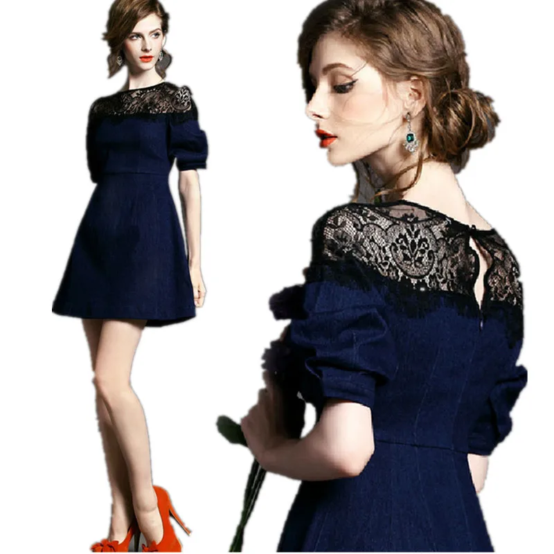 Женщины Лето Dress 2017 Новая Мода Кружева Лоскутное Фонарь Рукав кружева Линия O Шеи