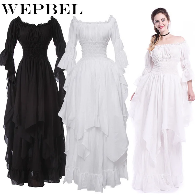 WEPBEL женское платье, винтажное, летнее, с вырезом лодочкой, Ретро стиль, повседневное, модное, с длинным рукавом, с оборками, одноцветное, для девушек, с высокой талией, платья