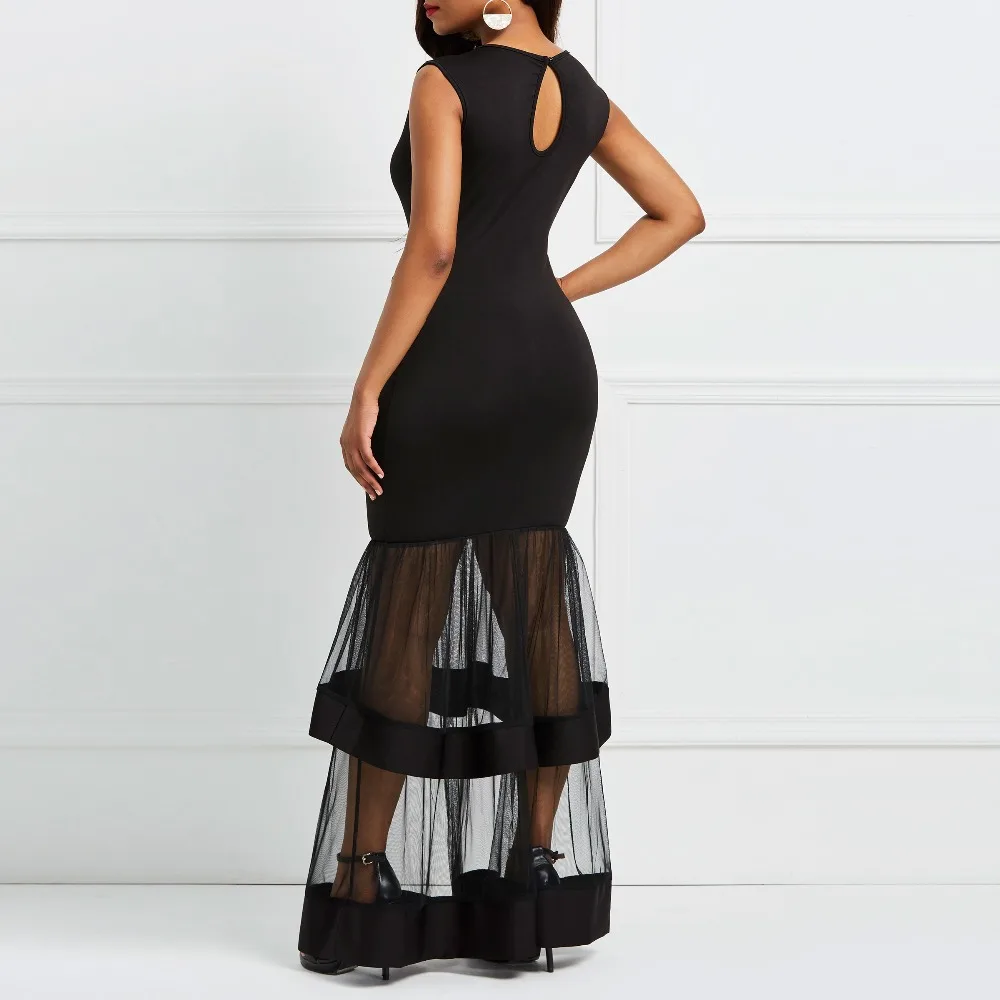 Женское сексуальное платье 2019 Лето русалка черное без бретелек рукавов Сетчатое