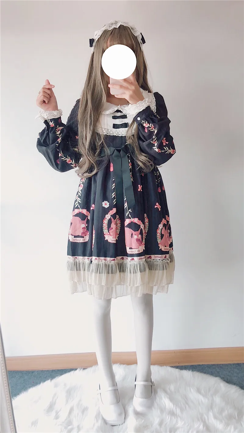 Платье с высокой талией Mori girl кружевное платье бантом и кукольным воротником в