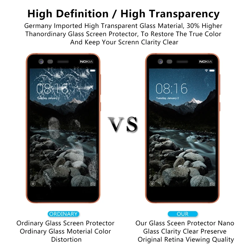 Полное покрытие закаленного стекла для Nokia 2, защитная пленка для экрана 5,0 дюймов, электропокрытие.