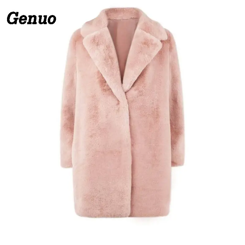 

Genuo turn-down collar faux fur jacket coat women winter thicken plush loose casual overcoat faux fur outerwear pink winter coat