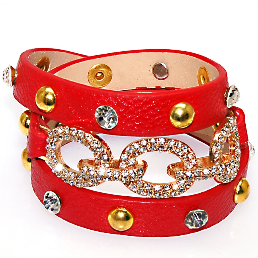 Двойной браслет с кристаллами и фианитами из ПУ кожи|wrap leather bracelet|double wrap braceletwrap