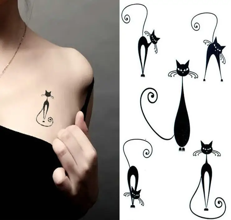 Тату палочки милый кот Черные Водонепроницаемые животные Тотем мужские и