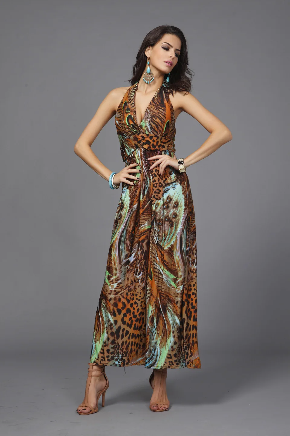 

Hanging Neck High Waist Towing Long Dress Bohemian Color Peacock Flower Milk Silk Dress