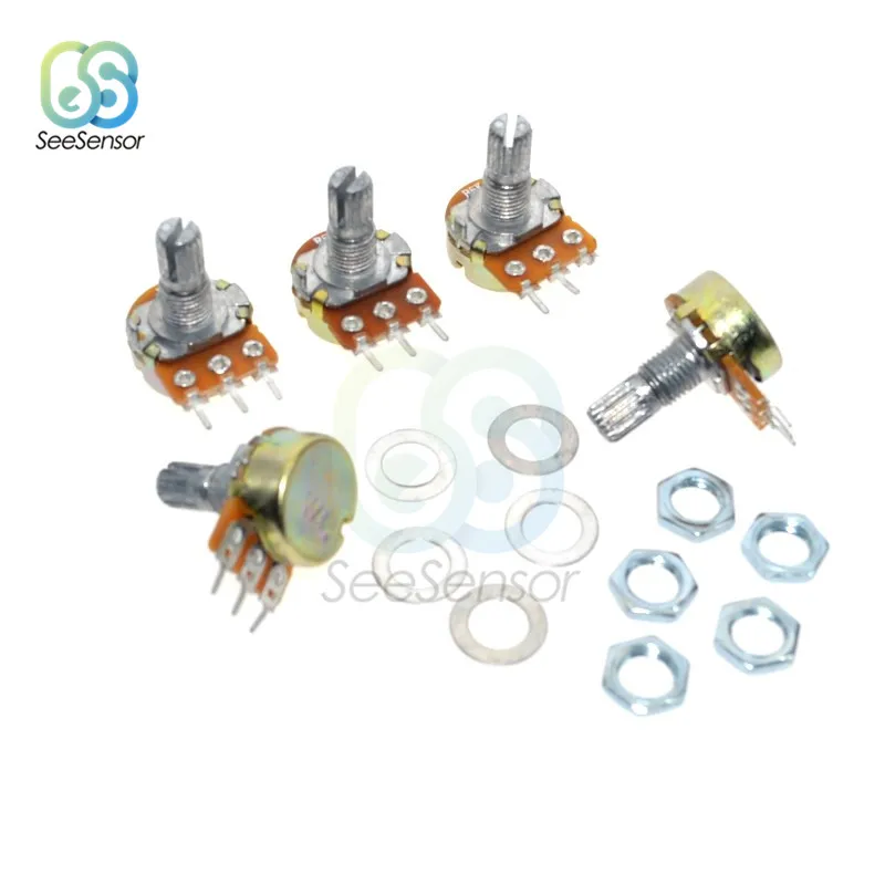 5pcs/Lot B20K ohm 3Pin Linear Rotary Potentiometer 15mm Metal Shaft Potentiometers With Nuts And Washers | Обустройство дома