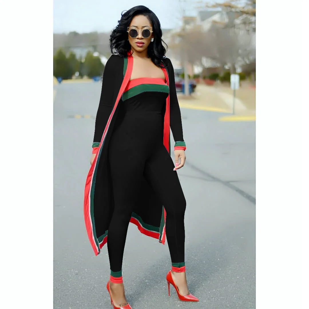 Red and Green striped women 3 Piece Sets Autumn Winter Tube Top + Long Cloak Pants Suits Casual 3piece Clothing 3XL | Женская одежда