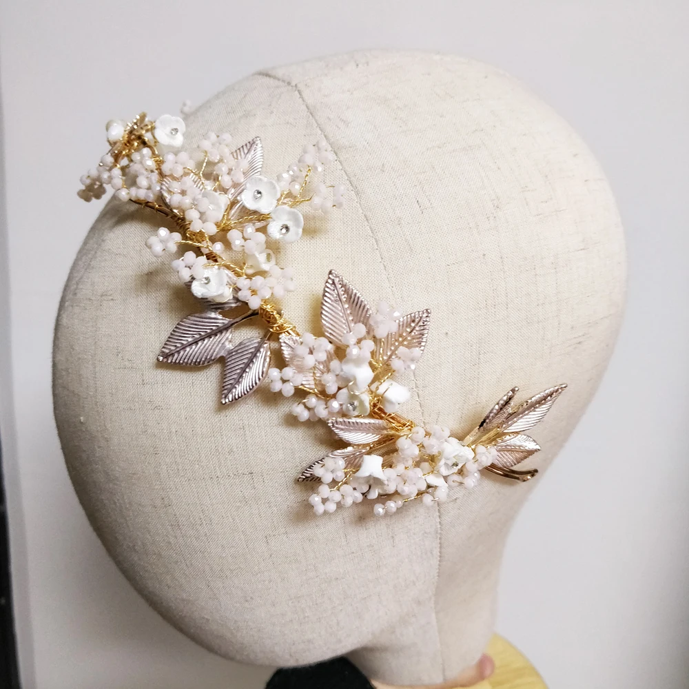 

Gold Leaves Bridal Headband Creamic Flower Wedding Tiara 2019