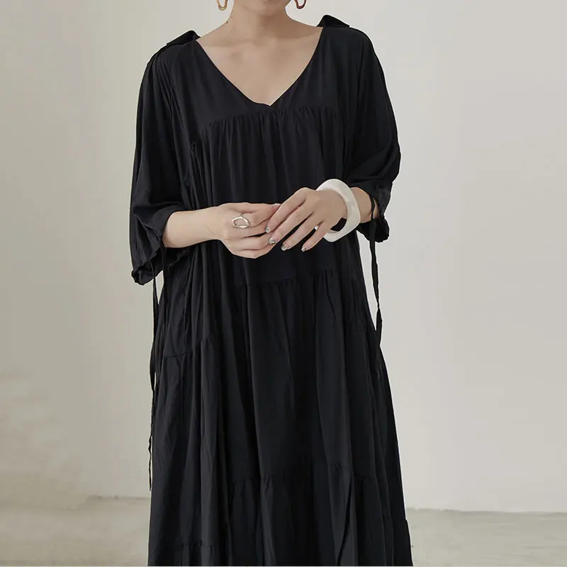[XITAO] Korea Fashion New Women 2019 Summer V-neck Half Sleeve Solid Color Dress Female Pleated Mid-calf ZLL3746 | Женская одежда
