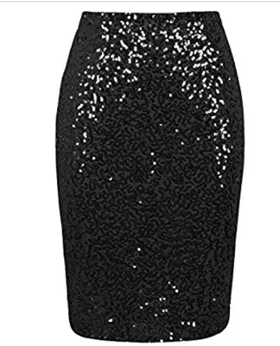 Black long Женская тонкая сексуальная ночная сверкающая юбка с блестками, стрейчевая облегающая блестящая мини-юбка - Цвет: Black long