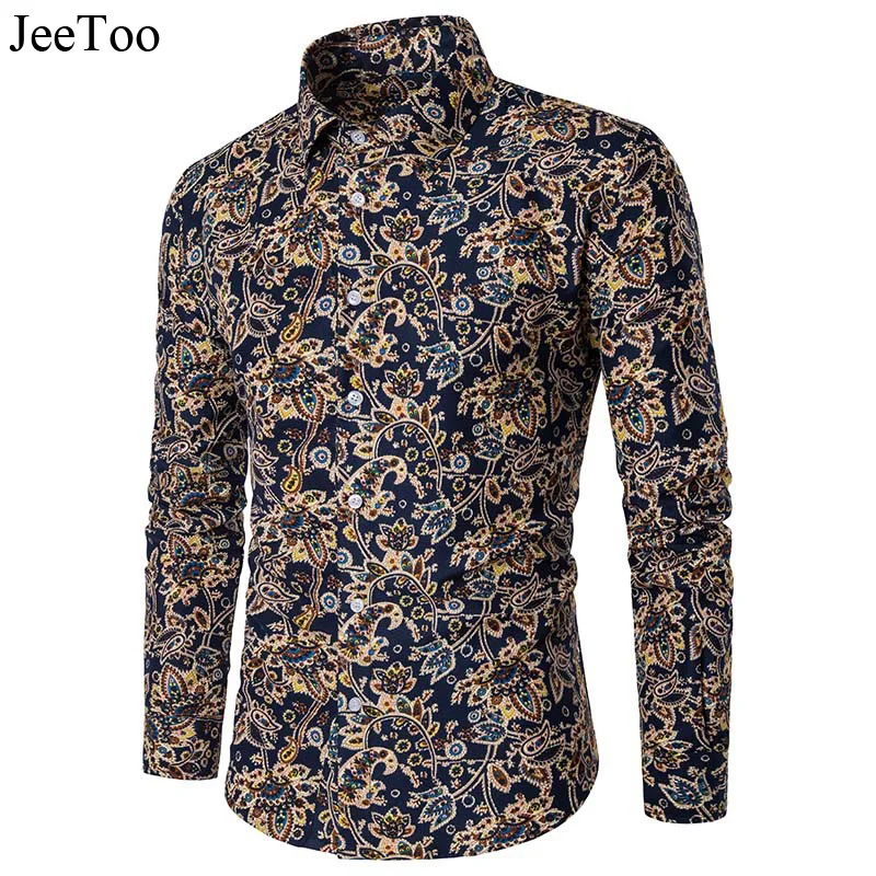 Jeetoo 2018 мужские Рубашки для мальчиков хлопка Slim Fit с длинным рукавом Цветочный