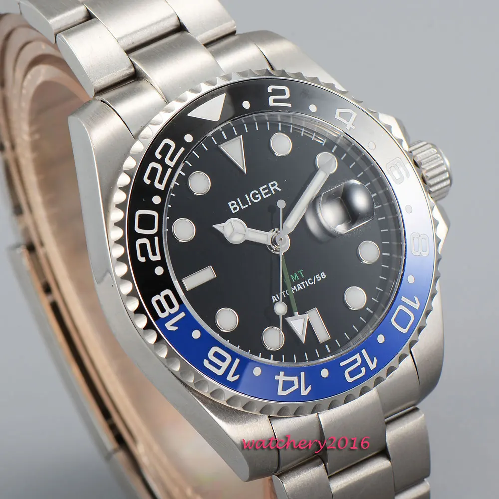 Мужские автоматические механические часы Bliger GMT черный циферблат 43 мм с