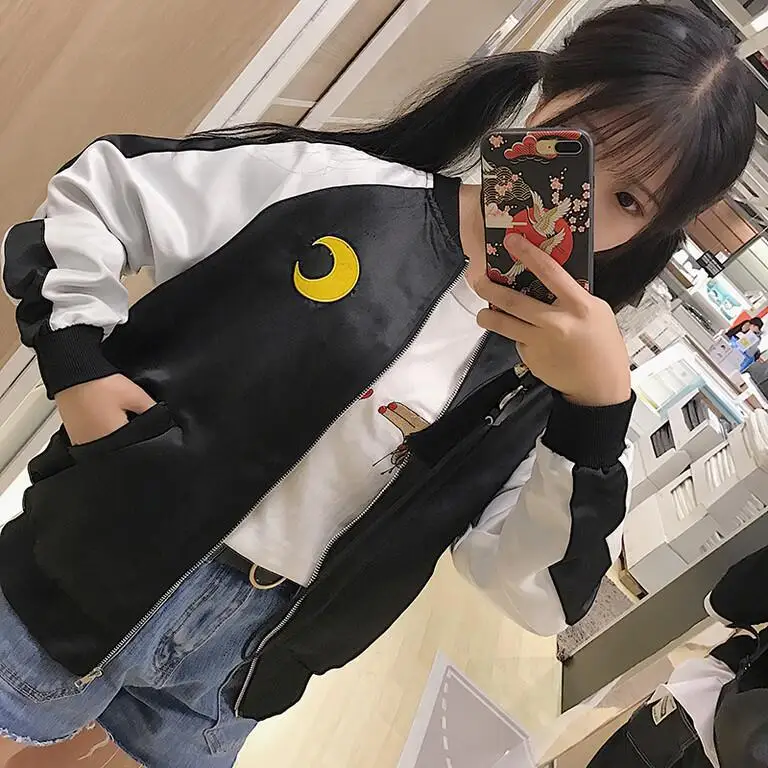 Японский консервативный стиль Сейлор Мун Вышивка женское пальто Harajuku BF стиль корейский кардиган весна осень молния куртка Бомбер