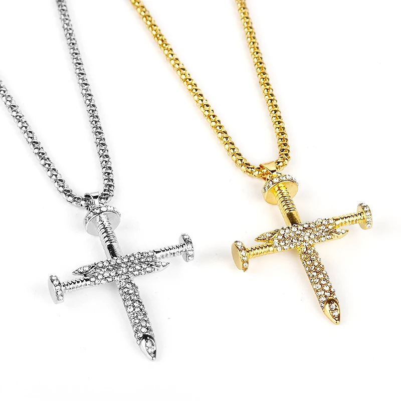 

dongsheng Fashion Hip Hop Jewelry Nail Cross Pendant Metal Crystal Jesus Cross Pendants Necklace Christian Gift For Women/Men