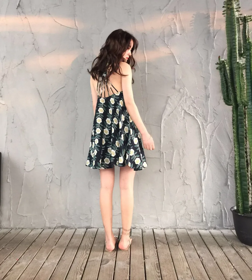 Oftbuy 2017 летнее платье женские Floral без рукавов с принтом выдалбливать бинты спинки